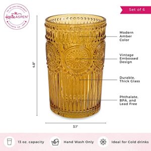 Kate Aspen Vintage Textured Amber Striped Drinking Glasses Set of 6-13 oz Ribbed Glassware with Flower Design | Cocktail Set, Juice Glass, Iced Coffee Cup