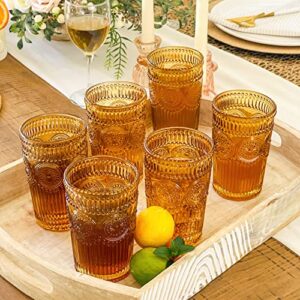 Kate Aspen Vintage Textured Amber Striped Drinking Glasses Set of 6-13 oz Ribbed Glassware with Flower Design | Cocktail Set, Juice Glass, Iced Coffee Cup