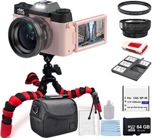 edealz 4k 48mp digital camera kit photography vlogging camera for youtube with flip screen, wifi, wide angle & macro lens, 64gb micro sd card, 12" flexible tripod, carrying case, card reader (pink)