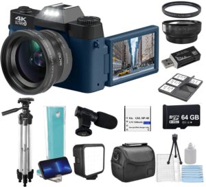 edealz 4k 48mp digital camera kit for photography, vlogging camera youtube with flip screen, wifi, wide angle & macro lens, 64gb micro sd card, 50" tripod, case, card reader, microphone, led (navy)