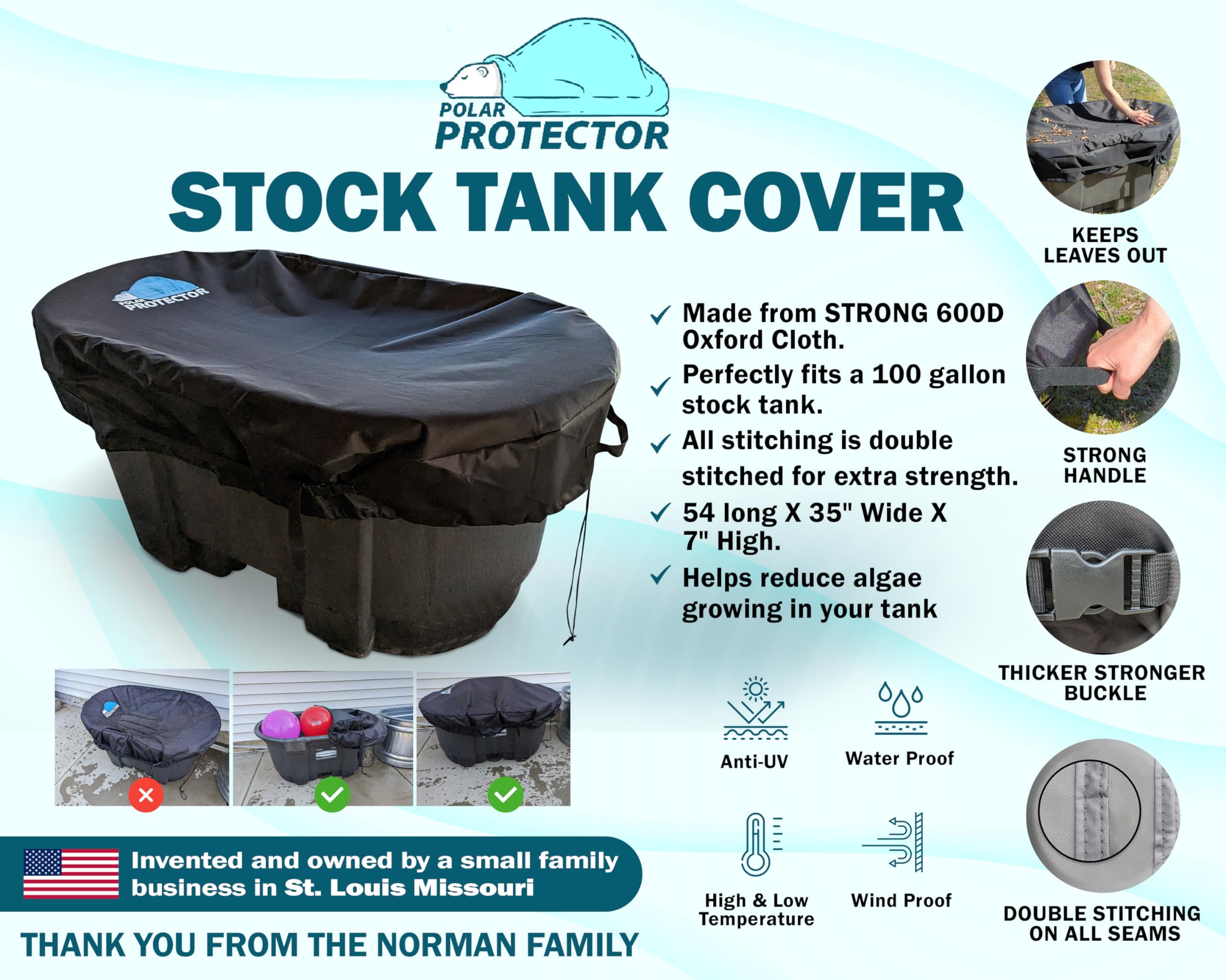 Polar Protector - 100 Gallon Oval Stock Tank Cover Ice Water Therapy Ice Bath Cover Cold Water Cover 100 Gallon Oval Stock Tank Waterproof Rip Proof Tough Keeps Tanks Clean