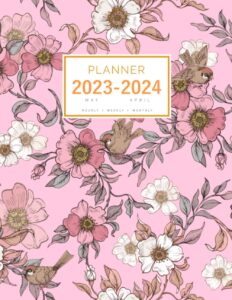 planner 2023-2024: 8.5 x 11 large notebook organizer with hourly time slots | may 2023 to april 2024 | peaceful flower bird design pink