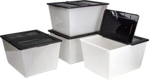 storex 16 gallon (60l) storage tote with folding lid, 22.7 x 18.25 x 12.86 inches, frost/black, 4-pack (00900a04c)