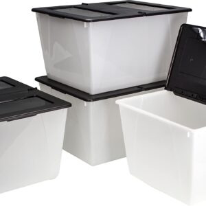 Storex 16 Gallon (60L) Storage Tote with Folding Lid, 22.7 x 18.25 x 12.86 Inches, Frost/Black, 4-Pack (00900A04C)