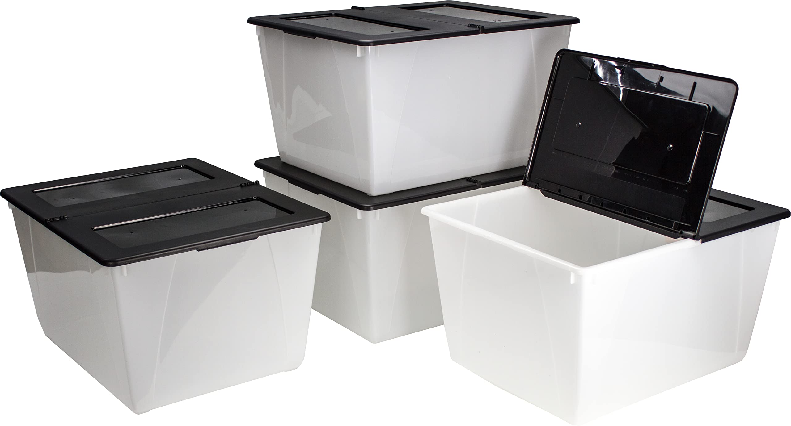 Storex 16 Gallon (60L) Storage Tote with Folding Lid, 22.7 x 18.25 x 12.86 Inches, Frost/Black, 4-Pack (00900A04C)