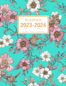 planner 2023-2024: 8.5 x 11 large notebook organizer with hourly time slots | may 2023 to april 2024 | peaceful flower bird design turquoise