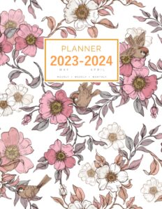 planner 2023-2024: 8.5 x 11 large notebook organizer with hourly time slots | may 2023 to april 2024 | peaceful flower bird design white