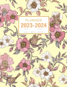 planner 2023-2024: 8.5 x 11 large notebook organizer with hourly time slots | may 2023 to april 2024 | peaceful flower bird design yellow