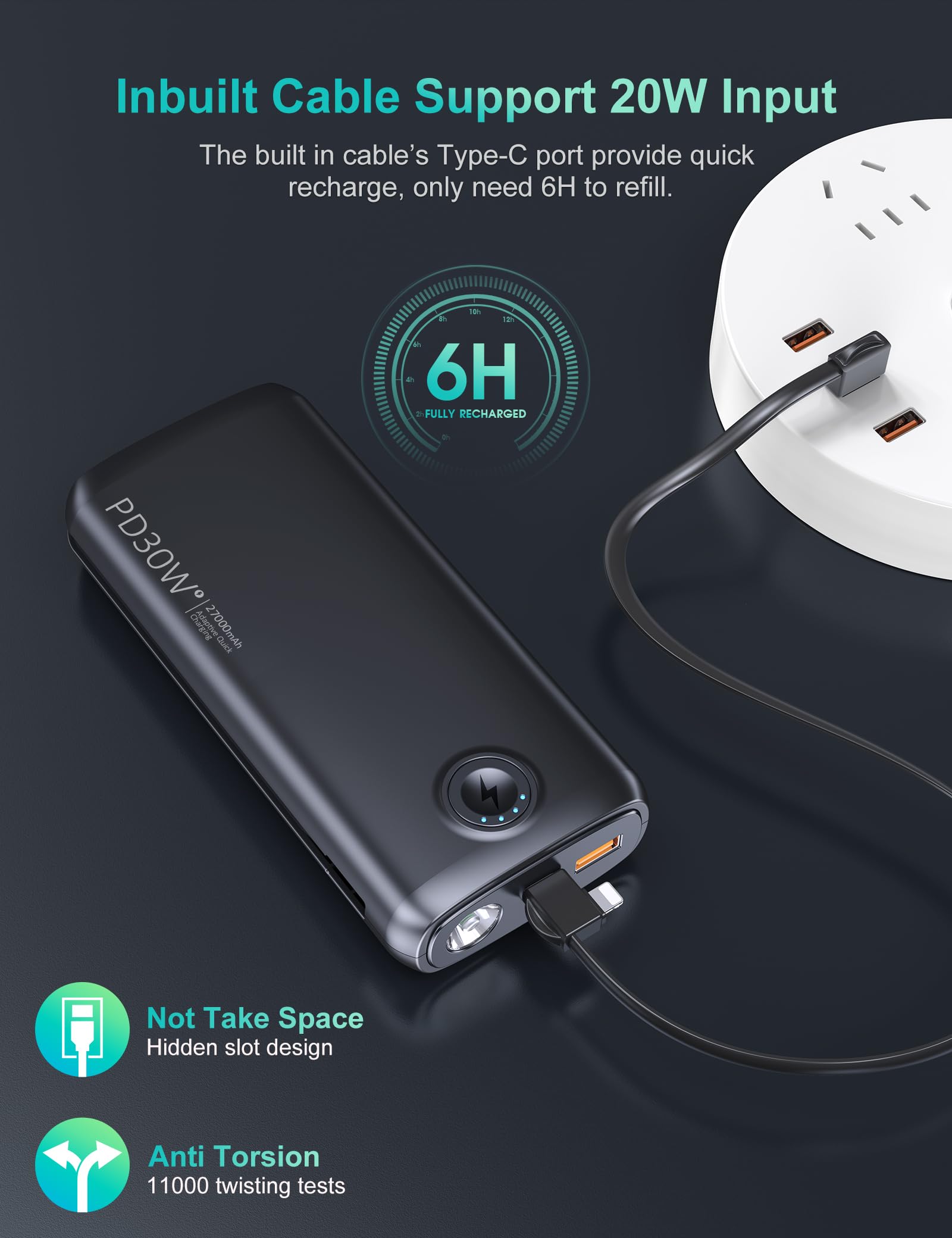 Dpdenoy Portable Charger with Built in Cable, 27000mAh Power Bank QC4.0 22.5W PD3.0 USB C Fast Charging, Phone Battery Pack with 3W Flashlight for iPhone, Samsung, Google, Tablet, and More