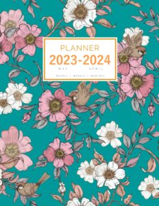 planner 2023-2024: 8.5 x 11 large notebook organizer with hourly time slots | may 2023 to april 2024 | peaceful flower bird design teal