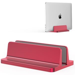 elevate your workspace with vertical laptop stand holder - adjustable dock size fits all macbook,surface,chromebook and gaming laptops (up to 17.3 inches)-space-saving design in sleek red aluminum