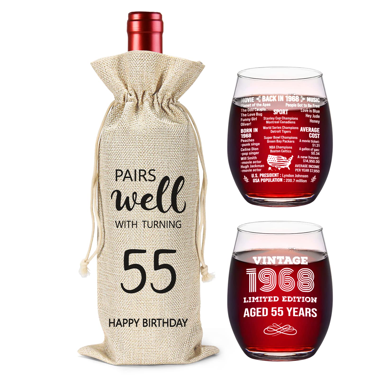 YUEYUQIU 65th Birthday Gifts for Women Men 65 Years Old Birthday Gifts, Back in 1958 Old Time Information, 65th Birthday Decorations Present, Sixty-five Birthday Gifts Wine Bags Glass