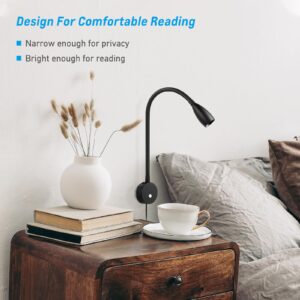 acegoo Bedside LED Reading Light Flexible Gooseneck Wall Lamp with USB Charger, Headboard Wall Surface Mount Dimmable Book Light, with Plug-in Power Adapter (Black Finish)