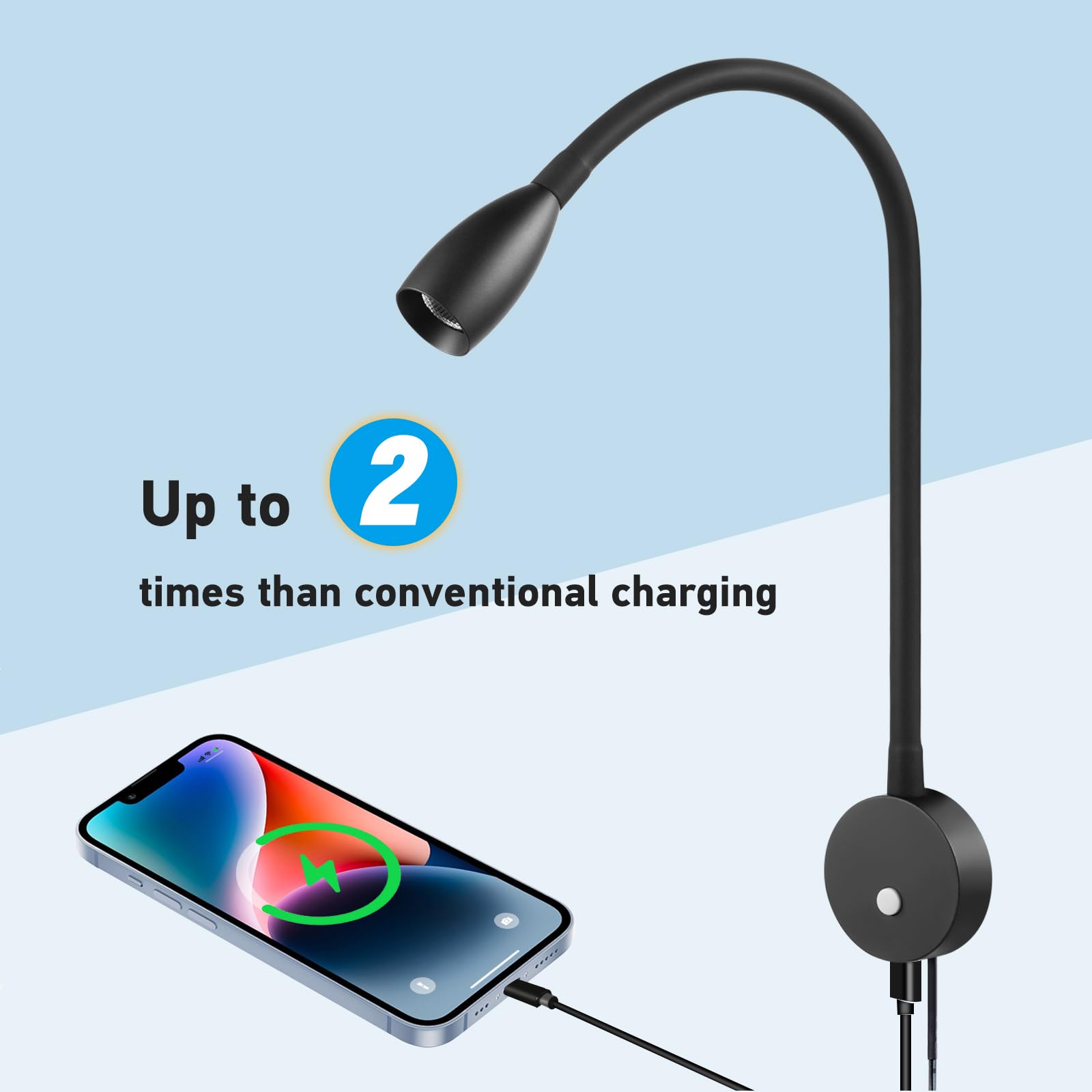 acegoo Bedside LED Reading Light Flexible Gooseneck Wall Lamp with USB Charger, Headboard Wall Surface Mount Dimmable Book Light, with Plug-in Power Adapter (Black Finish)