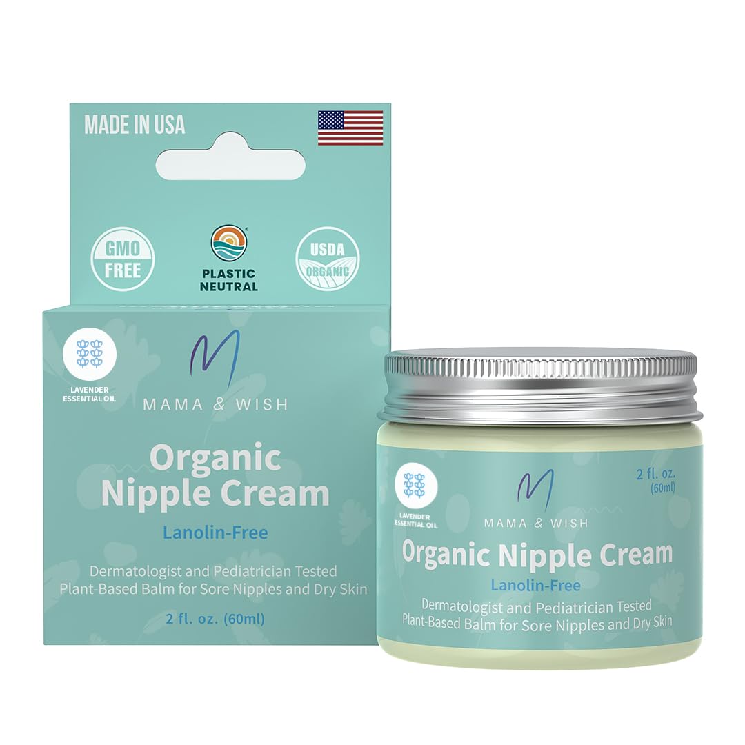 Mama & Wish Organic Nipple Cream - Breastfeeding Balm | Lanolin-free, Postpartum Essentials Safe for Nursing, Non-GMO (2 oz)