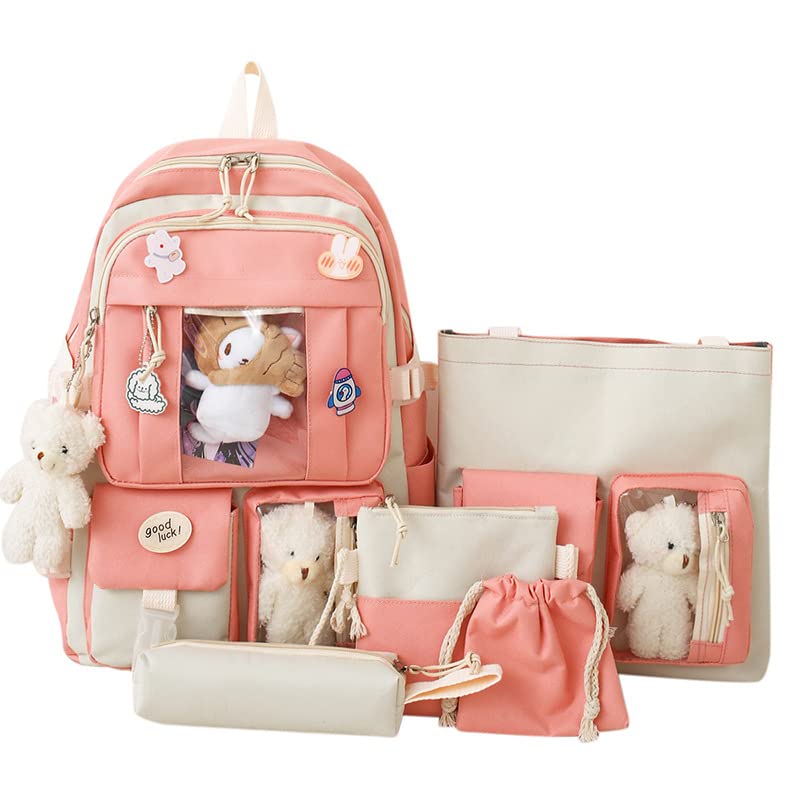 MWZING kawaii Backpack 5 Piece Backpack Set with handbag Pencil Box Small Cell Phone Purse Receive Bag with Pendant Pins pink