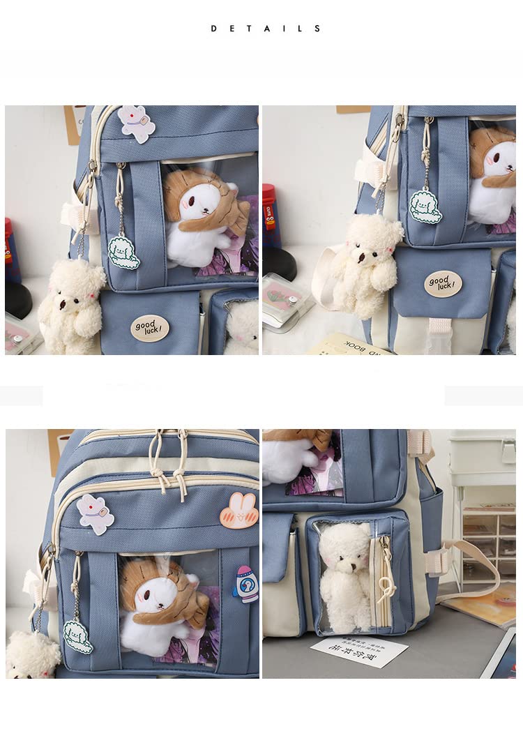 MWZING kawaii Backpack 5 Piece Backpack Set with handbag Pencil Box Small Cell Phone Purse Receive Bag with Pendant Pins pink