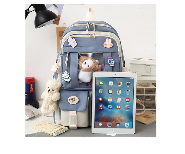 MWZING kawaii Backpack 5 Piece Backpack Set with handbag Pencil Box Small Cell Phone Purse Receive Bag with Pendant Pins pink