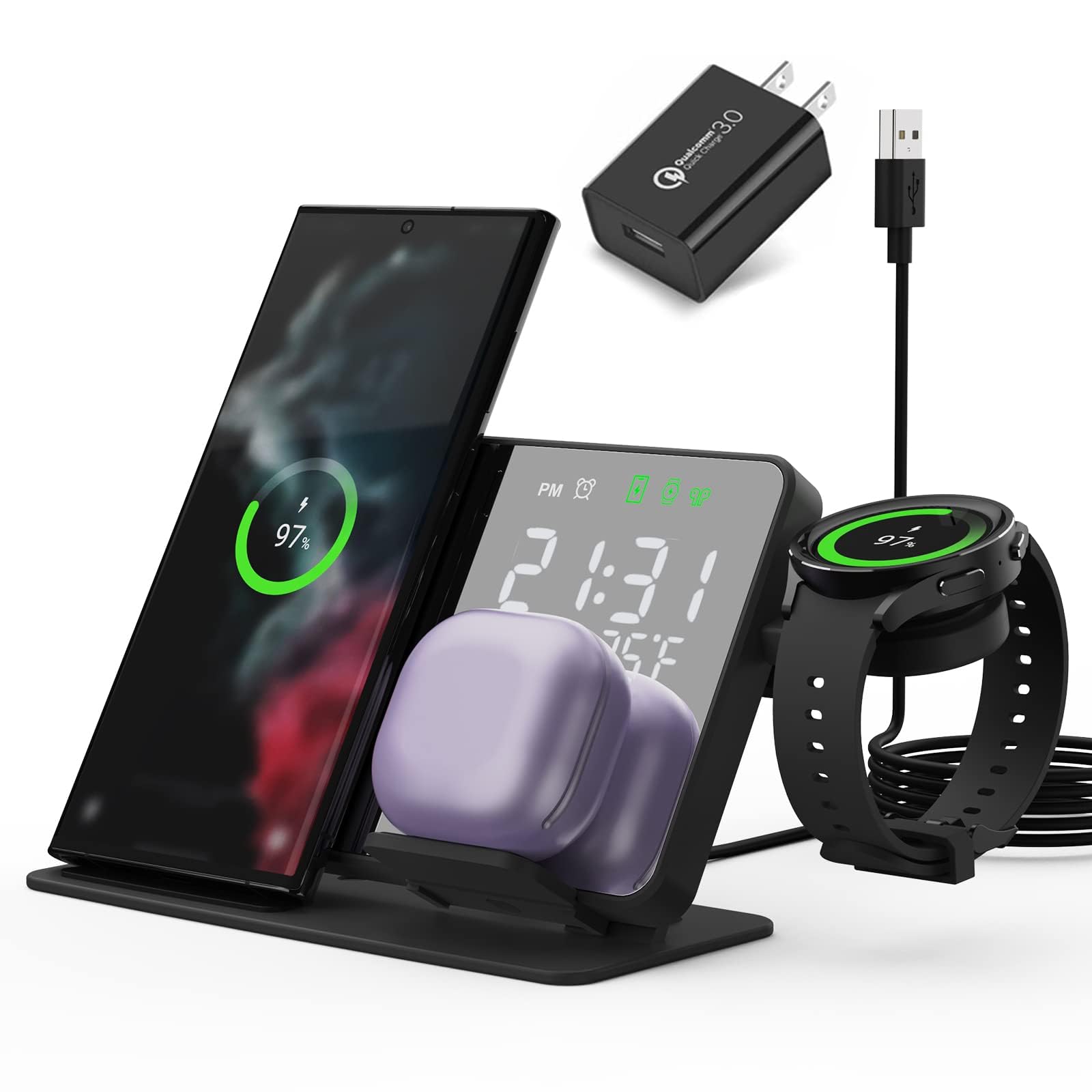 Wireless Charging Station, BRIMFORD 4 in 1 Fast Charging Station with Digital Alarm Clock for Samsung Galaxy S23 Ultra/S22/S21, Wireless Charger for Galaxy Watch 5/5 Pro/4/Galaxy Buds (Black)