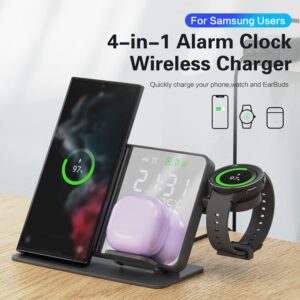 Wireless Charging Station, BRIMFORD 4 in 1 Fast Charging Station with Digital Alarm Clock for Samsung Galaxy S23 Ultra/S22/S21, Wireless Charger for Galaxy Watch 5/5 Pro/4/Galaxy Buds (Black)