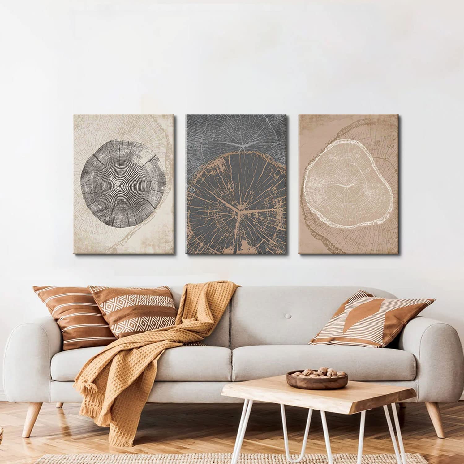 AKWISH 3Pcs Framed Tree Ring Canvas Wall Art Print Pastel Gray Wood Spirals Picture Nature Abstract Drawings Poster Modern Minimalist Wall Decor for Living Room Bedroom Home Office 16"x24"x3