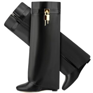 cdhyx fold over boots for women pointy pull-on wedge heel knee shark boot with side zipper padlock design (black 9)