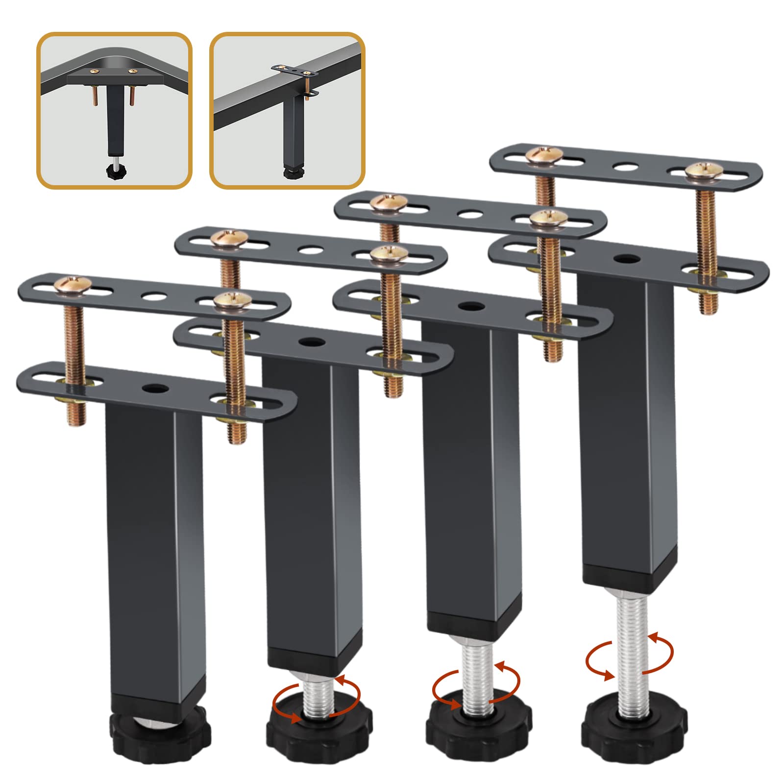 4 Pcs Adjustable Height Center Support Leg For Bed Frame, Bed Slat Support Legs for Metal/Wooden Bed Frame, Heavy Duty Support Feet For Bed Frame Replacement, Bed Slat Reinforcement Kit (5.9" to 8.6")