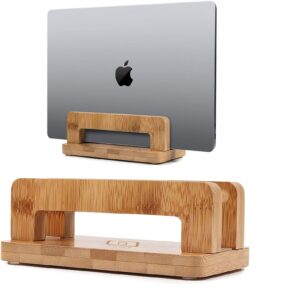duky vertical laptop stand holder, desktop wooden bamboo stand for macbook with adjustable dock size, fits all macbook, surface, chromebook and gaming laptops (up to 17.3 inches) ipad, tablets