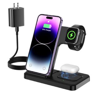 wireless charger iphone, 3 in 1 charging station apple 18w fast charging station for multiple devices apple - iphone 15 14 pro max 13 12 11 - iwatch 8 7 6 5 4 3 2 se - airpods 3 2 pro (with adapter)