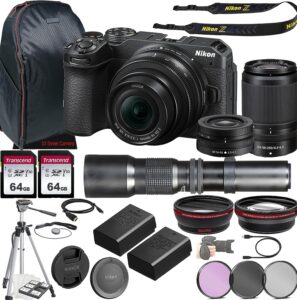 nikon z30 mirrorless camera w/nikkor z dx 16-50mm f/3.5-6.3 vr lens + nikkor z dx 50-250mm f/4.5-6.3 vr lens + 500mm f/8 focus lens + tripod + 128gb memory + case + filter kit + more (35pc bundle)