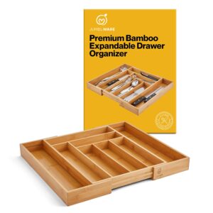 jumblware bamboo expandable drawer organizer. wooden storage tray with dividers for silverware, kitchen utensils, spices, k cups, small clothes & makeup. adjustable sliding design from 13” to 19.6”