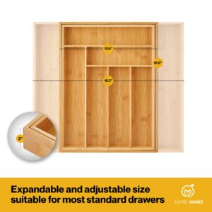 JumblWare Bamboo Expandable Drawer Organizer. Wooden Storage Tray with Dividers for Silverware, Kitchen Utensils, Spices, K Cups, Small Clothes & Makeup. Adjustable Sliding Design from 13” to 19.6”