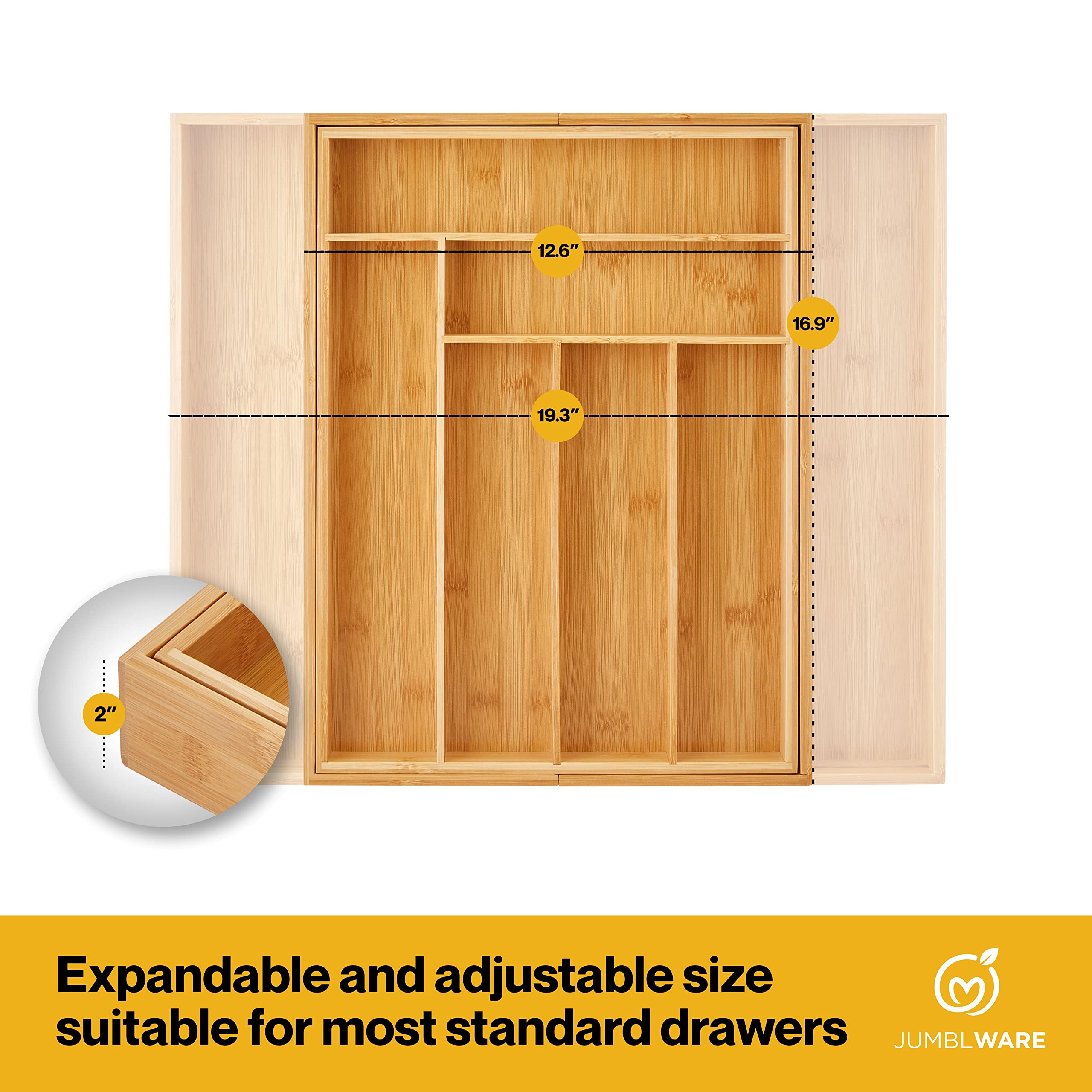 JumblWare Bamboo Expandable Drawer Organizer. Wooden Storage Tray with Dividers for Silverware, Kitchen Utensils, Spices, K Cups, Small Clothes & Makeup. Adjustable Sliding Design from 13” to 19.6”