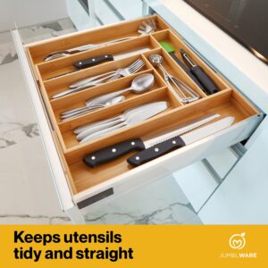 JumblWare Bamboo Expandable Drawer Organizer. Wooden Storage Tray with Dividers for Silverware, Kitchen Utensils, Spices, K Cups, Small Clothes & Makeup. Adjustable Sliding Design from 13” to 19.6”