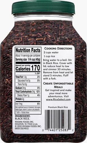 RiceSelect Premium Black Rice, Whole-Grain, Gluten-Free, Non-GMO, and Vegan Rice, BPA-Free 22-Ounce Jar (Pack of 1)