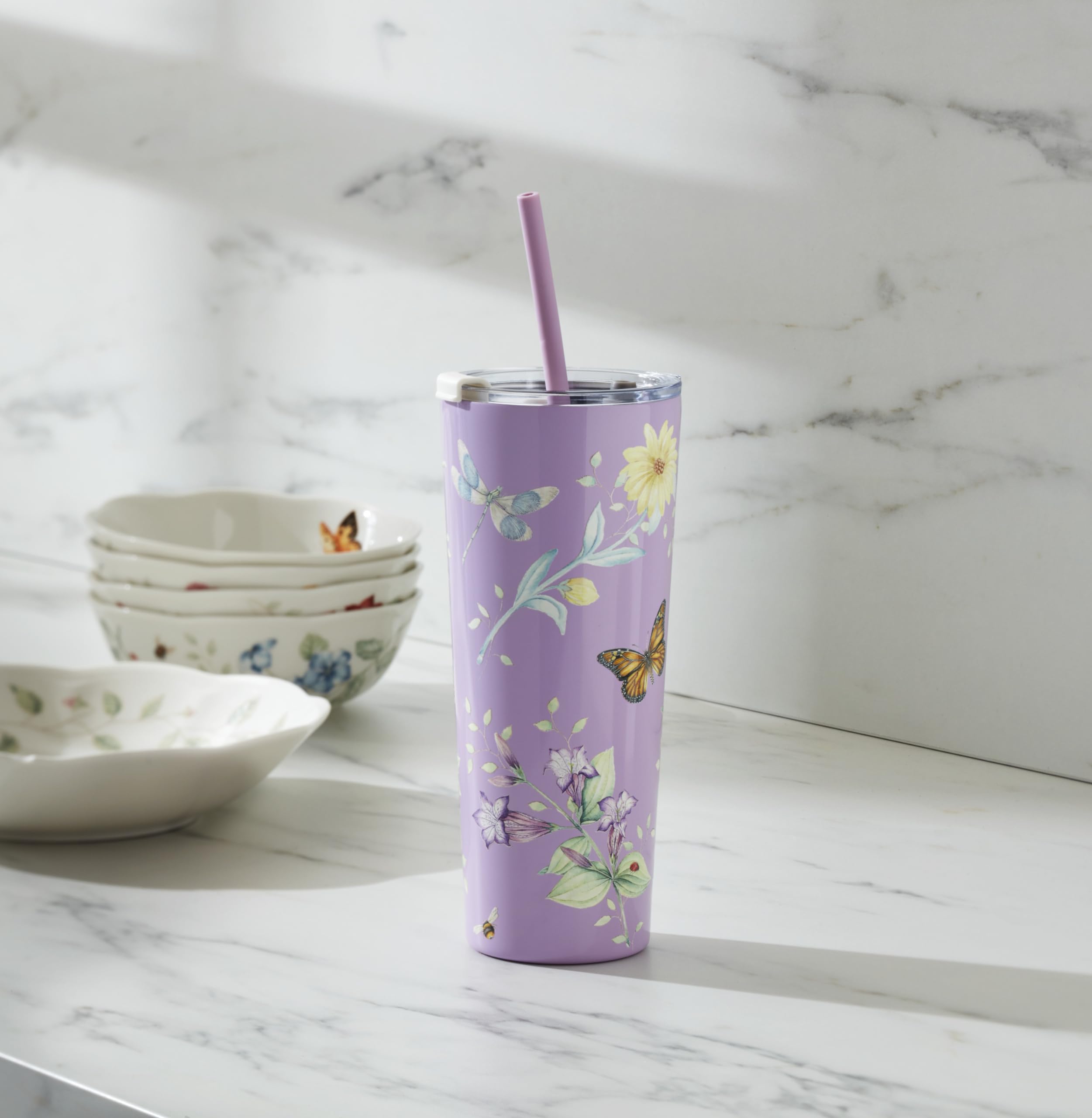 Lenox 895738 Butterfly Meadow Lavender Stainless Steel Tumbler With Straw