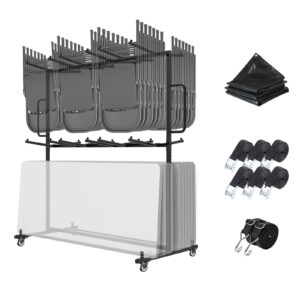 folding table and chair cart,two tier folding chair and table storage rack with 800lbs capacity for 84 folding chairs heavy metal folding chair holder rack with rubber locking wheels,straps and cover