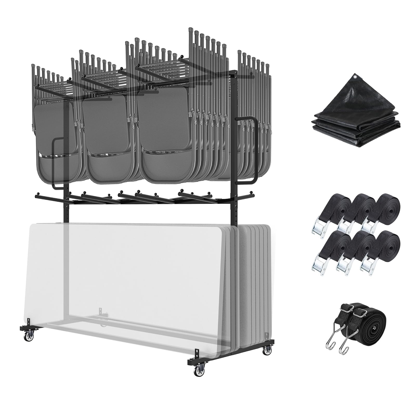 Folding Table and Chair Cart,Two Tier Folding Chair and Table Storage Rack with 800LBS Capacity for 84 Folding Chairs Heavy Metal Folding Chair Holder Rack with Rubber Locking Wheels,Straps and Cover