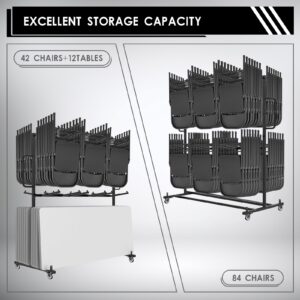 Folding Table and Chair Cart,Two Tier Folding Chair and Table Storage Rack with 800LBS Capacity for 84 Folding Chairs Heavy Metal Folding Chair Holder Rack with Rubber Locking Wheels,Straps and Cover