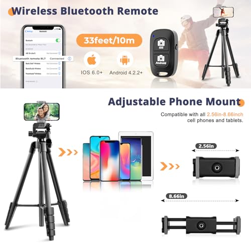 64” Phone&Tablet Tripod, Aureday Cell Phone Tripod for iPhone with Wireless Remote and Phone Holder, Extendable iPad Tripod Stand for Video Recording/Makeup/Live Streaming