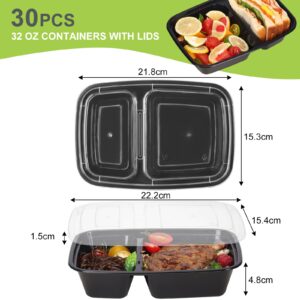 Moretoes 30 Pack 32oz Meal Prep Containers Reusable 2 Compartment Food Storage Containers with Lids Plastic Stackable To Go Boxes Microwave, Freezer, Dishwasher Safe