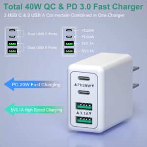 USB C Wall Charger[2 Pack], Costyle 40W 4 Port Fast Charging Block Double USB C Charger Dual Port QC & PD 3.0 Charger Block Multiport Type C Wall Plug for iPhone 15 14 13 12 11 Pro Max,Tablet-White