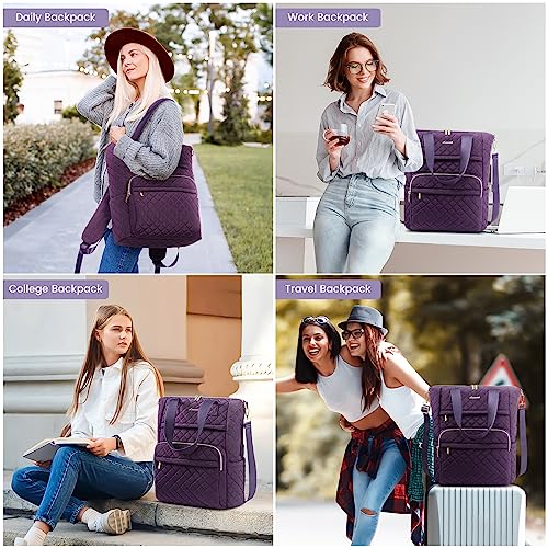 LOVEVOOK Laptop Backpack for Women 15.6 inch,Quilted Convertible Backpack Tote Laptop Computer Work Bag,Cute Women Travel Backpack Purse College Teacher Carry on Back pack with USB Port,Solanum Purple