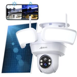 anran floodlight security camera wireless outdoor with 360° view pan/tilt, 2k solar powered wifi camera, ip65 smart lighting cam, color night vision, 120db siren, two way audio, pir motion detection