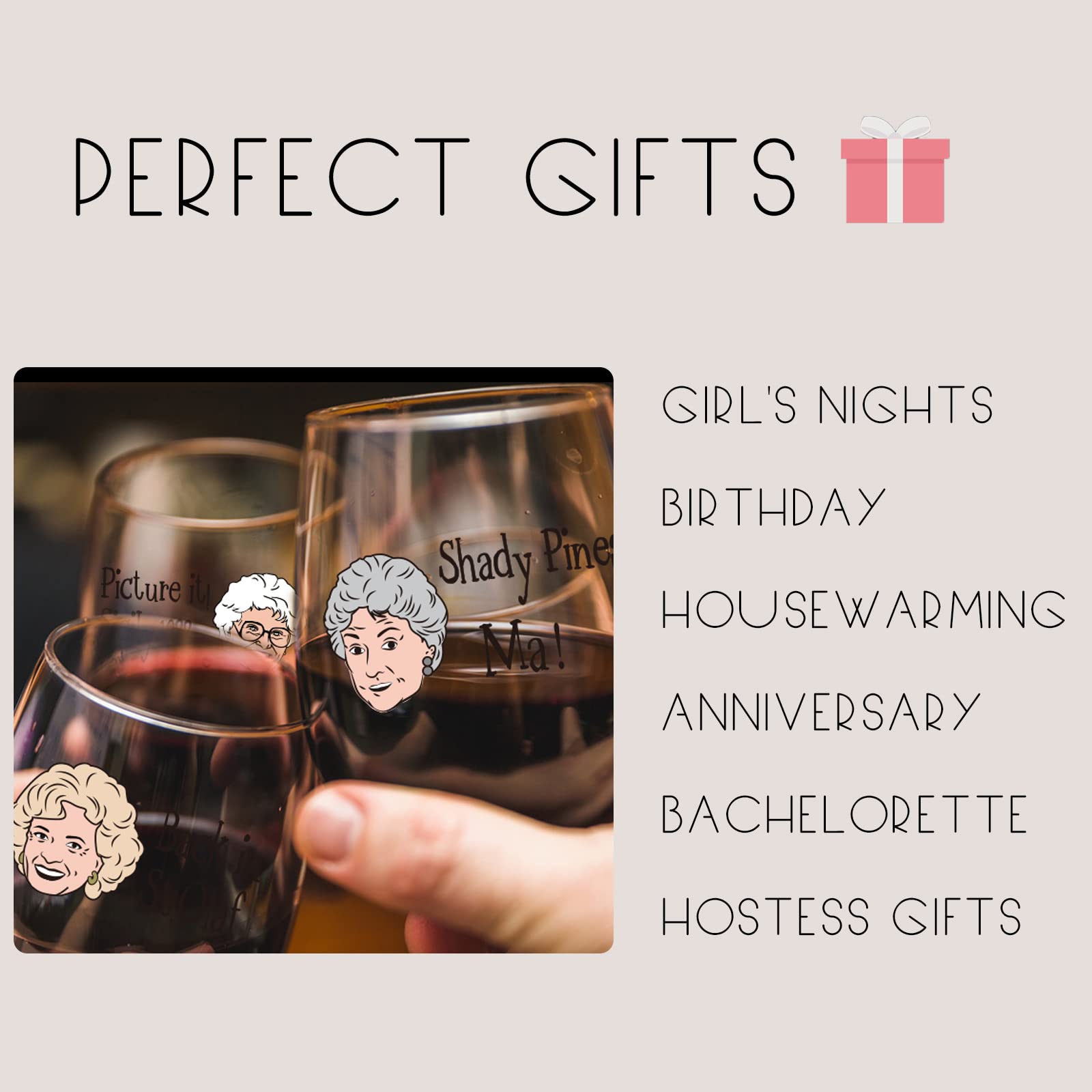 DDDDXO Golden Girls Wine Glasses, Golden Girls Merchandise, Golden Girls Gifts, Golden Girls Stemless Wine Glass Set of 4, Golden Girls TV Show Fans Gift Wine Glasses (15 oz) (02)