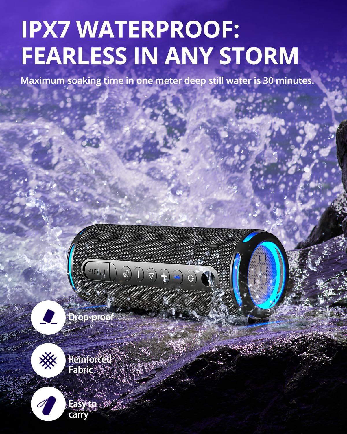 Tronsmart T7 Lite 24W Portable Bluetooth Speaker, Enhanced Bass, Rainbow Light Show, 24H Playtime, IPX7 Waterproof, Wireless Stereo Pairing, Bluetooth 5.3, for Home Outdoor Travel (Black)