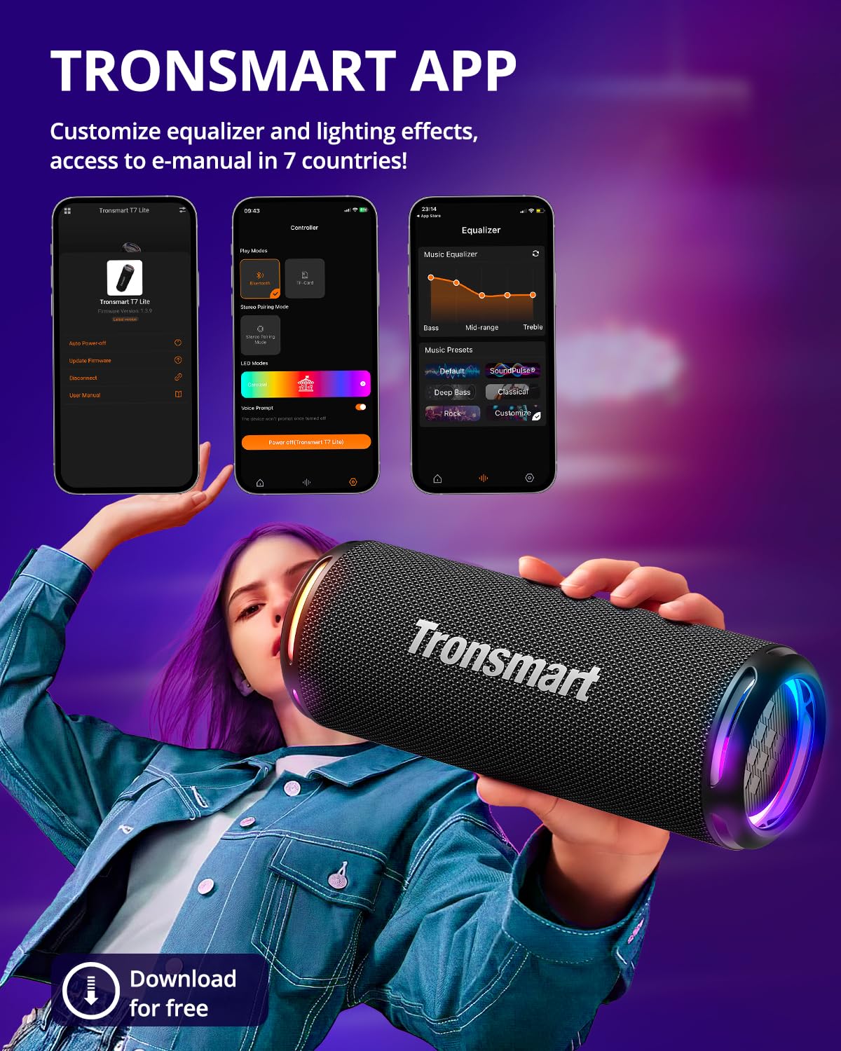 Tronsmart T7 Lite 24W Portable Bluetooth Speaker, Enhanced Bass, Rainbow Light Show, 24H Playtime, IPX7 Waterproof, Wireless Stereo Pairing, Bluetooth 5.3, for Home Outdoor Travel (Black)