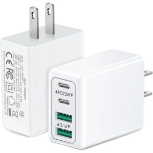2pack usb c fast charger block, okray 40w 4-port dual usb-c fast charging brick qc+pd3.0 power adapter multiport type c wall charger plug for iphone 15 14 13 12 11, pad mini/pro, galaxys23 s22 (white)