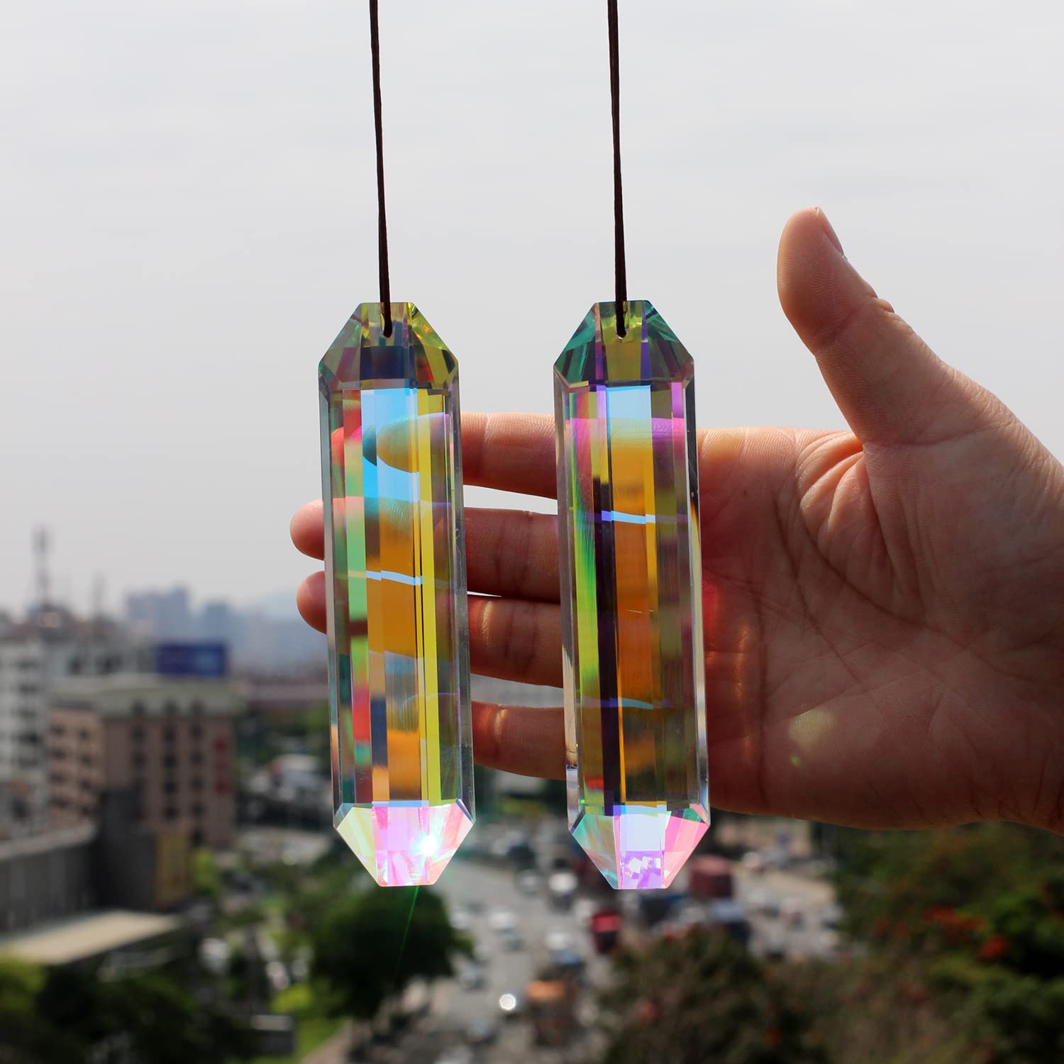 2PCS 5" Large Crystal Sun Catcher Prisms, STINO Hanging Suncatchers with Glass Prism, Rainbow Maker for Windows, Room, Garden Fantasy Aesthetic Home Decor (A# Color Stripe Sticks 2PCs)