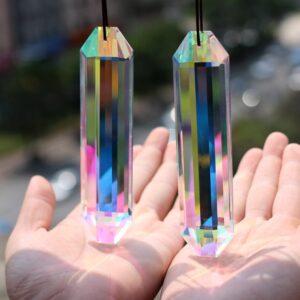 2PCS 5" Large Crystal Sun Catcher Prisms, STINO Hanging Suncatchers with Glass Prism, Rainbow Maker for Windows, Room, Garden Fantasy Aesthetic Home Decor (A# Color Stripe Sticks 2PCs)